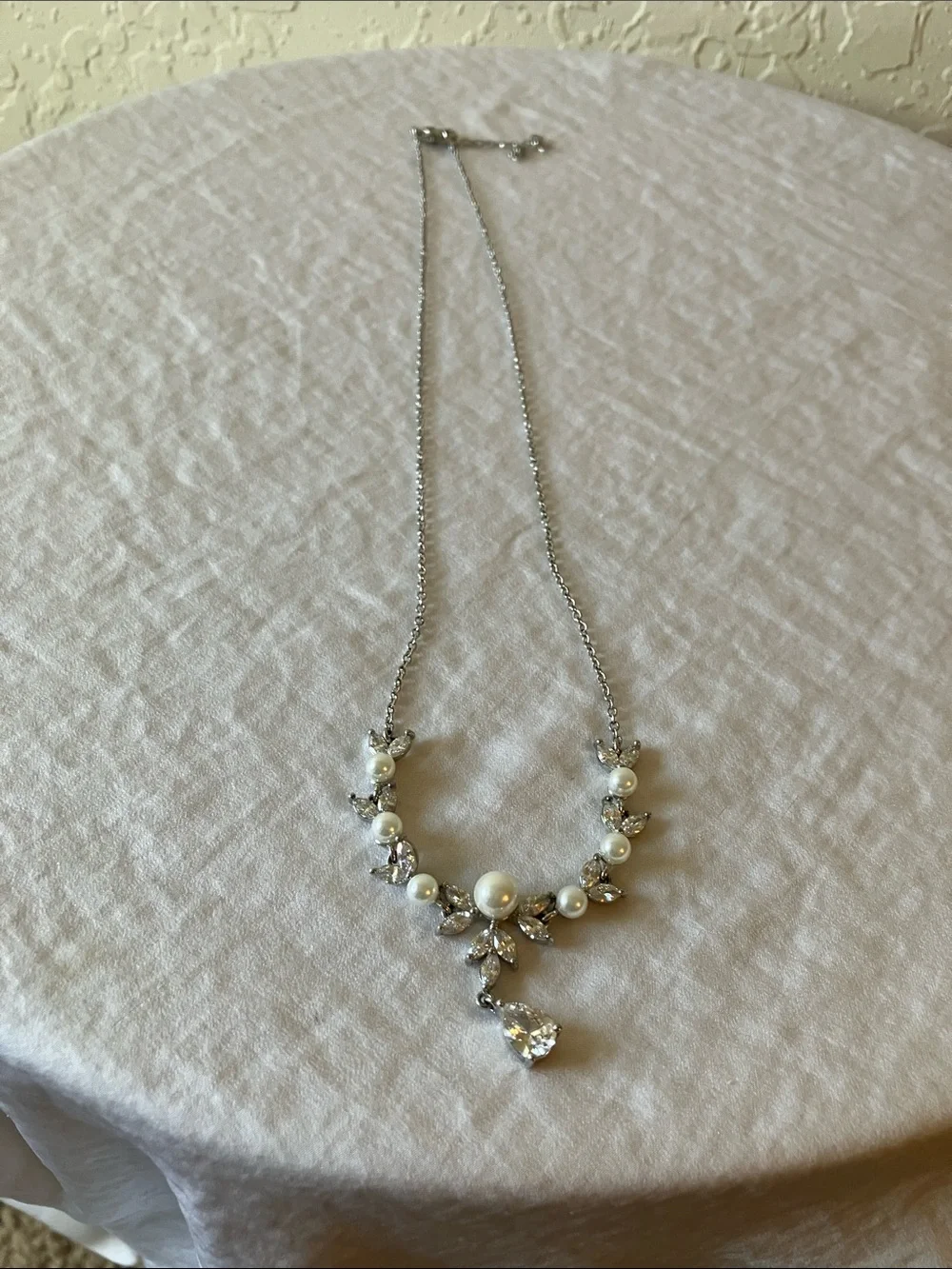 Faux Pearl & Crystal Drop Necklace - Silver Tone